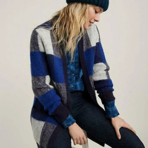 Lucky Brand Size M Blue Buffalo Check Open Front Long Cardigan Sweater NEW! - Picture 2 of 8